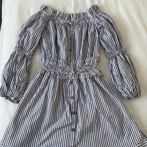 Striped Blue and White 100% Cotton Off-Shoulder Dress
